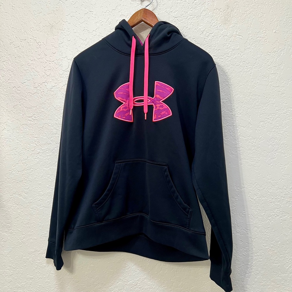 Under Armour UA Storm Womens Hoodie Black Pink Logo Fleece Sweatshirt Large‎